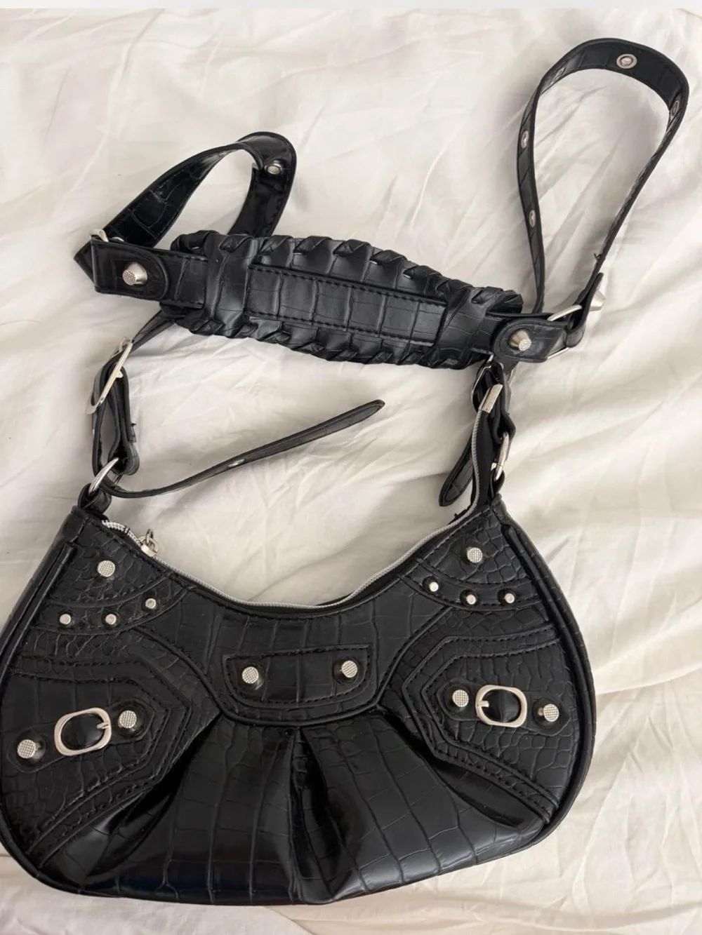 Black Croc-Embossed Crescent Shoulder Bag with Silver Hardware